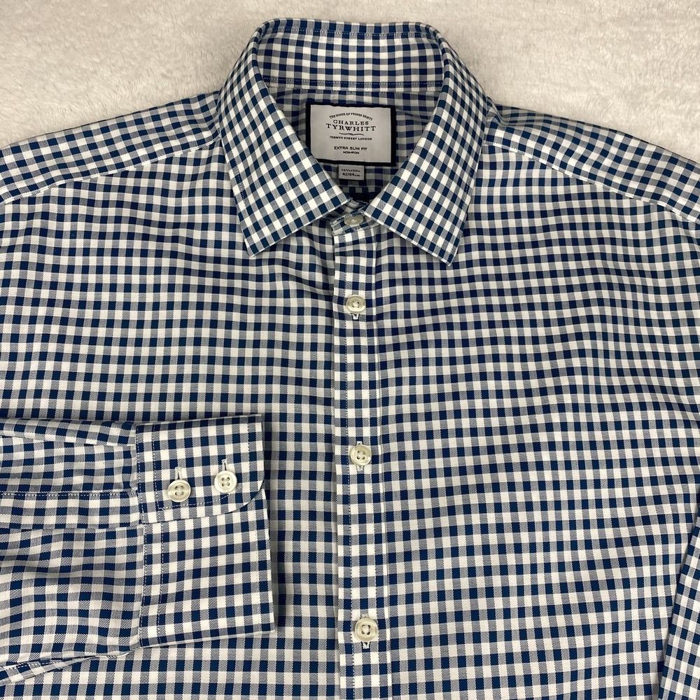 Charles Tyrwhitt Dress Shirt Mens 16.5-33 Sea Green/White Check Extra Slim Fit